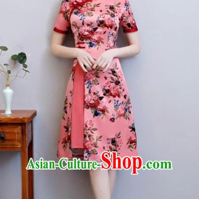 Chinese Traditional Elegant Pink Watered Gauze Cheongsam National Costume Printing Qipao Dress for Women