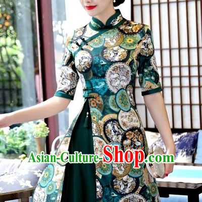 Chinese Traditional Elegant Green Watered Gauze Cheongsam National Costume Printing Qipao Dress for Women