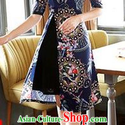 Chinese Traditional Elegant Blue Watered Gauze Cheongsam National Costume Printing Qipao Dress for Women