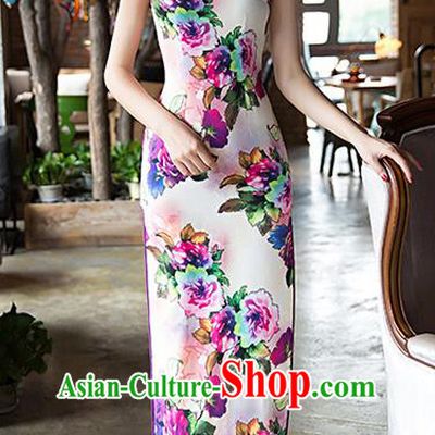 Chinese Traditional Elegant Silk Cheongsam National Costume Printing Flowers Qipao Dress for Women