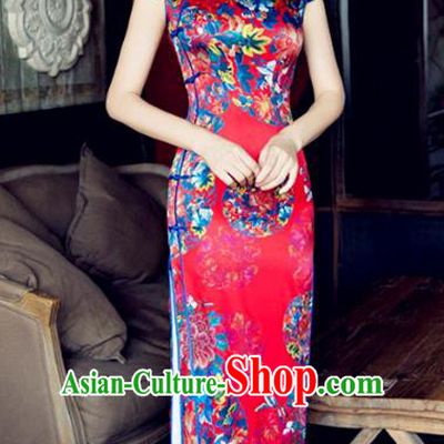 Chinese Traditional Elegant Wedding Silk Cheongsam National Costume Printing Flowers Red Qipao Dress for Women