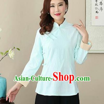 Chinese Traditional National Costume Light Blue Linen Blouse Tang Suit Qipao Short Shirts for Women