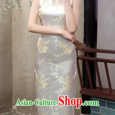Top Grade Chinese National Costume Elegant Plum Blossom Brocade Cheongsam Tang Suit Beige Qipao Dress for Women