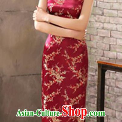 Top Grade Chinese National Costume Elegant Plum Blossom Brocade Cheongsam Tang Suit Wine Red Qipao Dress for Women