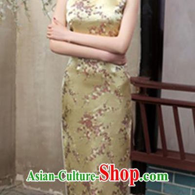 Top Grade Chinese National Costume Elegant Plum Blossom Brocade Cheongsam Tang Suit Yellow Qipao Dress for Women