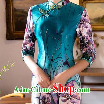 Top Grade Chinese National Costume Elegant Slim Cheongsam Tang Suit Printing Green Qipao Dress for Women