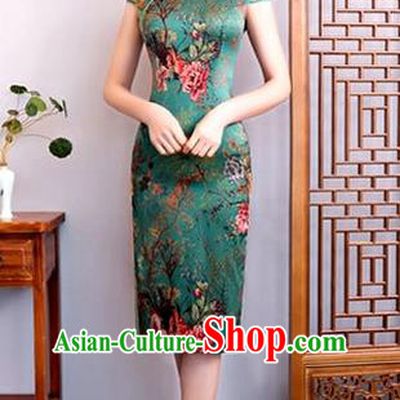 Chinese Traditional Elegant Cheongsam Green Silk Full Dress National Costume Retro Printing Flowers Qipao for Women