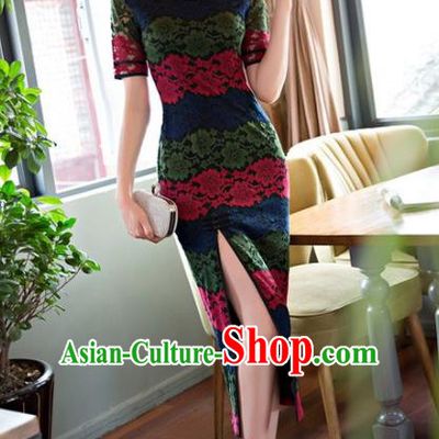 Chinese Traditional National Costume Elegant Lace Cheongsam Qipao Dress for Women