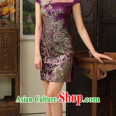 Top Grade Chinese National Costume Elegant Short Cheongsam Tang Suit Purple Qipao Dress for Women