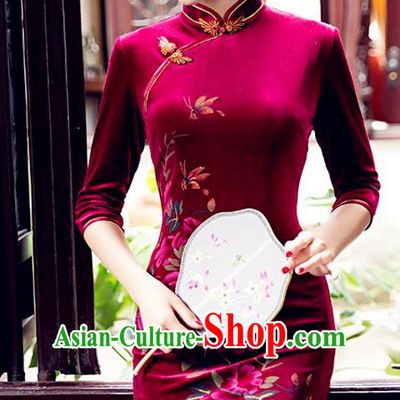 Top Grade Chinese National Costume Elegant Wine Red Velvet Cheongsam Tang Suit Qipao Dress for Women