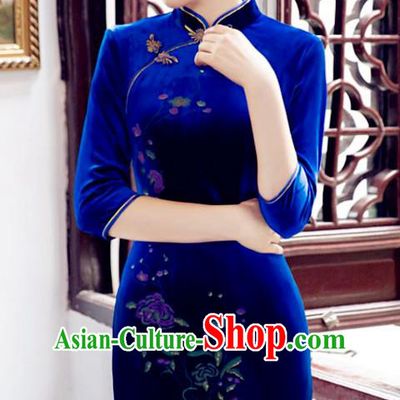Top Grade Chinese National Costume Elegant Royalblue Velvet Cheongsam Tang Suit Qipao Dress for Women