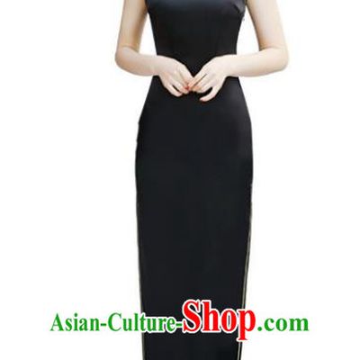 Top Grade Chinese National Costume Elegant Black Cheongsam Tang Suit Qipao Dress for Women