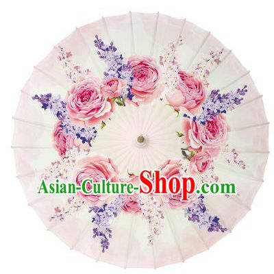 Chinese Handmade Paper Umbrella Folk Dance Hand Printing Rose Pink Oil-paper Umbrella Yangko Umbrella