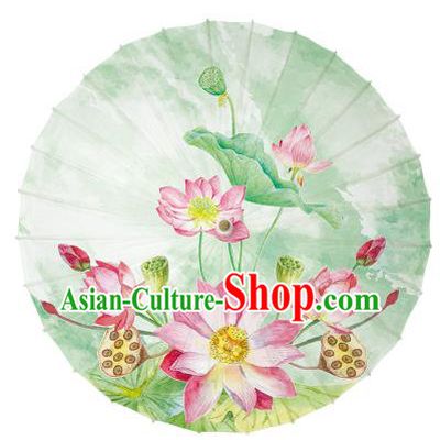 Chinese Handmade Paper Umbrella Folk Dance Hand Printing Lotus Green Oil-paper Umbrella Yangko Umbrella