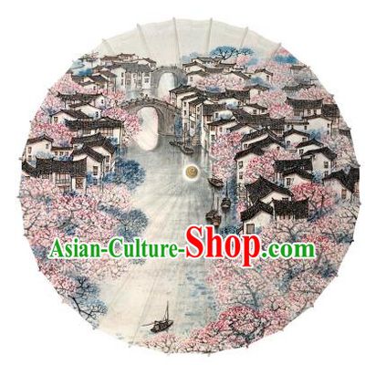 Chinese Handmade Paper Umbrella Folk Dance Painting Jiangnan Watertown Scenery Oil-paper Umbrella Yangko Umbrella