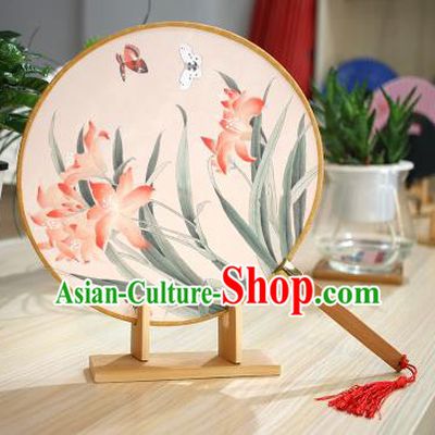 Chinese Traditional Round Fans Handmade Printing Orchid Circular Fan China Ancient Palace Fans