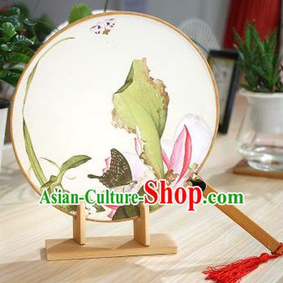 Chinese Traditional Round Fans Handmade Painting Lotus Leaf Circular Fan China Ancient Palace Fans