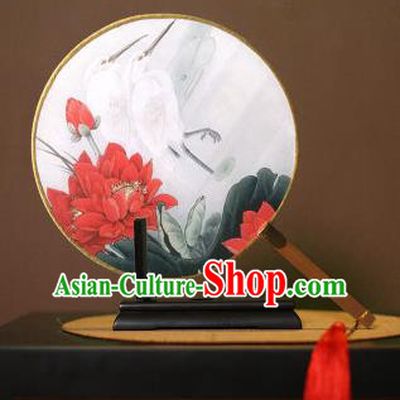 Chinese Traditional Circular Fans Handmade Printing Lotus Egret Round Fan China Ancient Palace Dance Fans