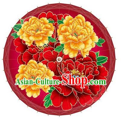 Chinese Traditional Craft Paper Umbrella Folk Dance Printing Peony Red Oil-paper Umbrella Handmade Umbrella