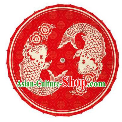 Chinese Traditional Artware Printing Carps Umbrella Classical Dance Red Oil-paper Umbrella Handmade Umbrella