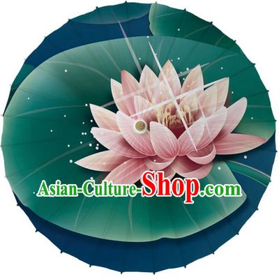 Chinese Traditional Artware Blue Paper Umbrella Classical Dance Umbrella Printing Lotus Oil-paper Umbrella Handmade Umbrella