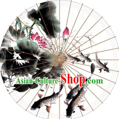 Chinese Traditional Artware Paper Umbrellas Printing Lotus Fishes Oil-paper Umbrella Handmade Umbrella