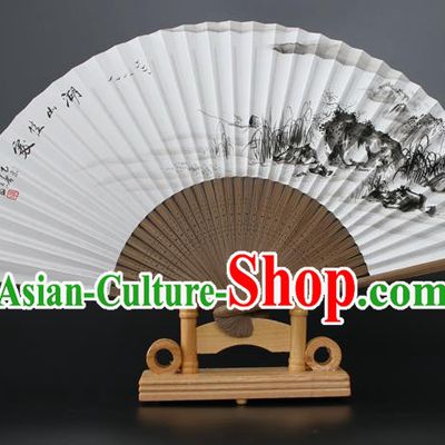 Chinese Traditional Artware Handmade Folding Fans Ink Painting Lake View Paper Fans