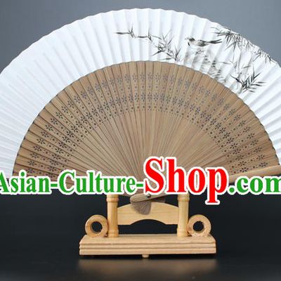 Chinese Traditional Artware Handmade Sandalwood Folding Fans Ink Painting Bamboo Paper Fans