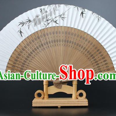 Chinese Traditional Artware Handmade Sandalwood Folding Fans Ink Painting Bamboo Leaf Paper Fans