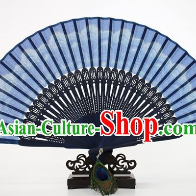 Chinese Traditional Artware Handmade Folding Fans Blue Silk Accordion Fans