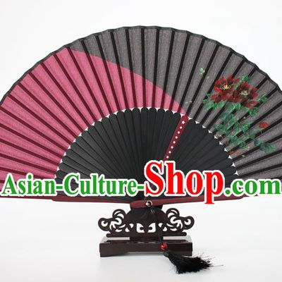 Chinese Traditional Artware Handmade Folding Fans Rosy Silk Fans Printing Flowers Accordion