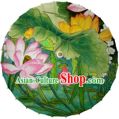 Chinese Traditional Artware Green Paper Umbrellas Printing Red Lotus Oil-paper Umbrella Handmade Umbrella