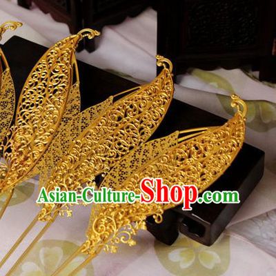 Chinese Handmade Classical Hair Accessories Wedding Hairpins Hanfu Golden Leaf Hairpin for Women