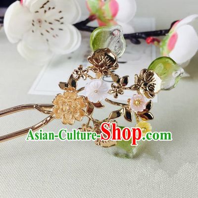 Chinese Handmade Classical Hair Accessories Wedding Shell Flowers Hair Stick Green Hairpins for Women