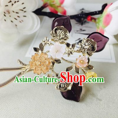 Chinese Handmade Classical Hair Accessories Wedding Shell Flowers Hair Stick Purple Hairpins for Women