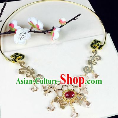 Chinese Handmade Classical Wedding Accessories Princess Golden Necklace Hanfu Red Crystal Necklet for Women