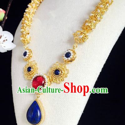 Chinese Handmade Classical Accessories Golden Earrings Hanfu Royalblue Crystal Eardrop for Women