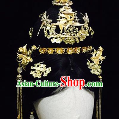 Chinese Handmade Classical Hair Accessories Golden Phoenix Coronet Hairpins Hair Stick Complete Set for Women