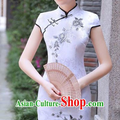 Chinese Traditional Mandarin Qipao Dress National Costume Printing Peony White Cheongsam for Women