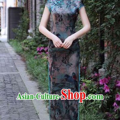 Chinese Traditional Mandarin Silk Qipao Dress National Costume Printing Long Cheongsam for Women