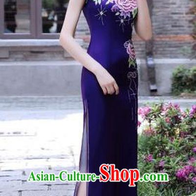 Chinese Traditional Mandarin Silk Qipao Dress National Costume Printing Peony Purple Long Cheongsam for Women