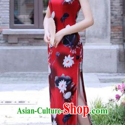 Chinese Traditional Mandarin Silk Qipao Dress National Costume Printing Lotus Red Long Cheongsam for Women