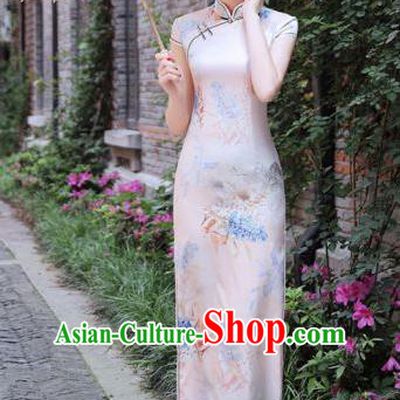 Chinese Traditional Mandarin Silk Qipao Dress National Costume Printing White Long Cheongsam for Women