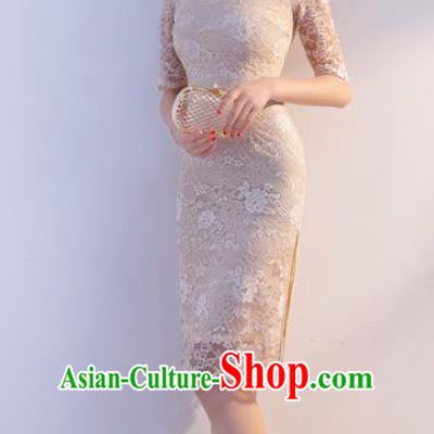 Chinese Traditional Mandarin Qipao Dress National Costume Beige Lace Cheongsam for Women