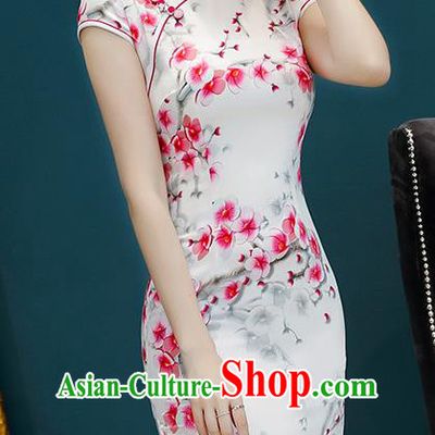 Chinese Traditional Mandarin Qipao Dress National Costume Printing Flowers White Cheongsam for Women