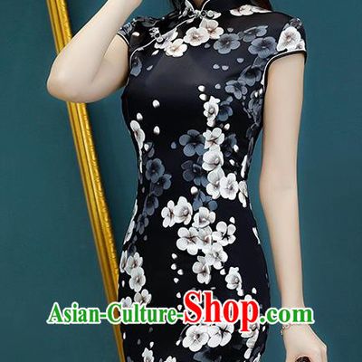 Chinese Traditional Mandarin Qipao Dress National Costume Printing Flowers Black Cheongsam for Women