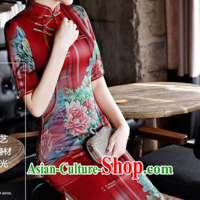 Chinese Traditional Silk Mandarin Qipao Dress National Costume Printing Peony Red Short Cheongsam for Women