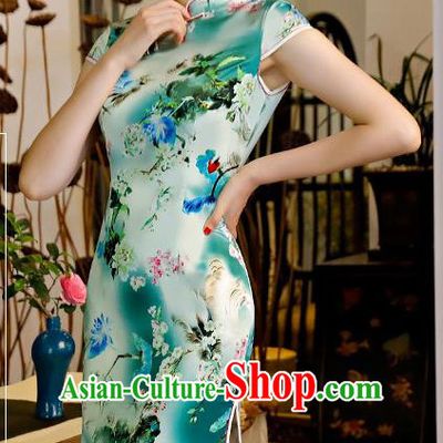 Chinese Traditional Silk Mandarin Qipao Dress National Costume Printing Green Short Cheongsam for Women