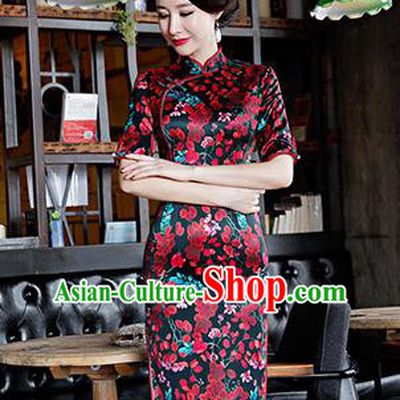 Chinese Traditional Silk Mandarin Qipao Dress National Costume Printing Plum Blossom Short Cheongsam for Women