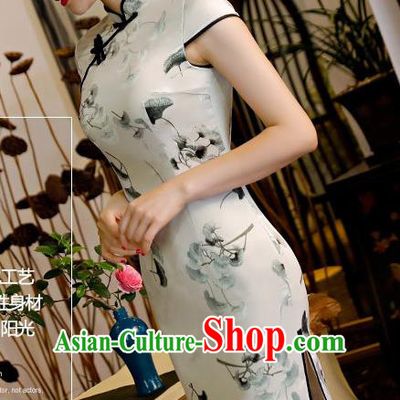 Chinese Traditional Silk Mandarin Qipao Dress National Costume Printing Ginkgo Leaf Short Cheongsam for Women